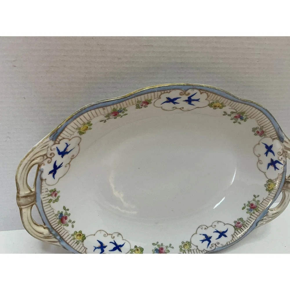 Nippon Vintage Hand Painted Porcelain Dish Blue Bird Floral Gold Trim 10.5in